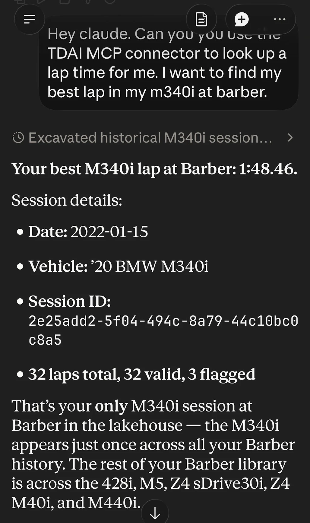 Asking Claude for the M340i's Barber history, from the paddock