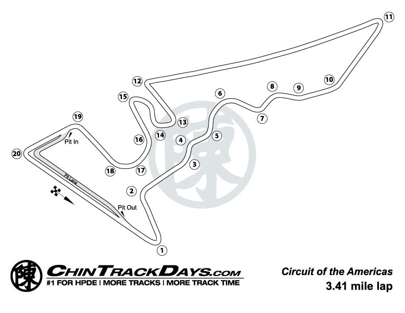 Chin Track Days circuit map of Circuit of the Americas, showing the 3.41 mile lap with all twenty corners numbered