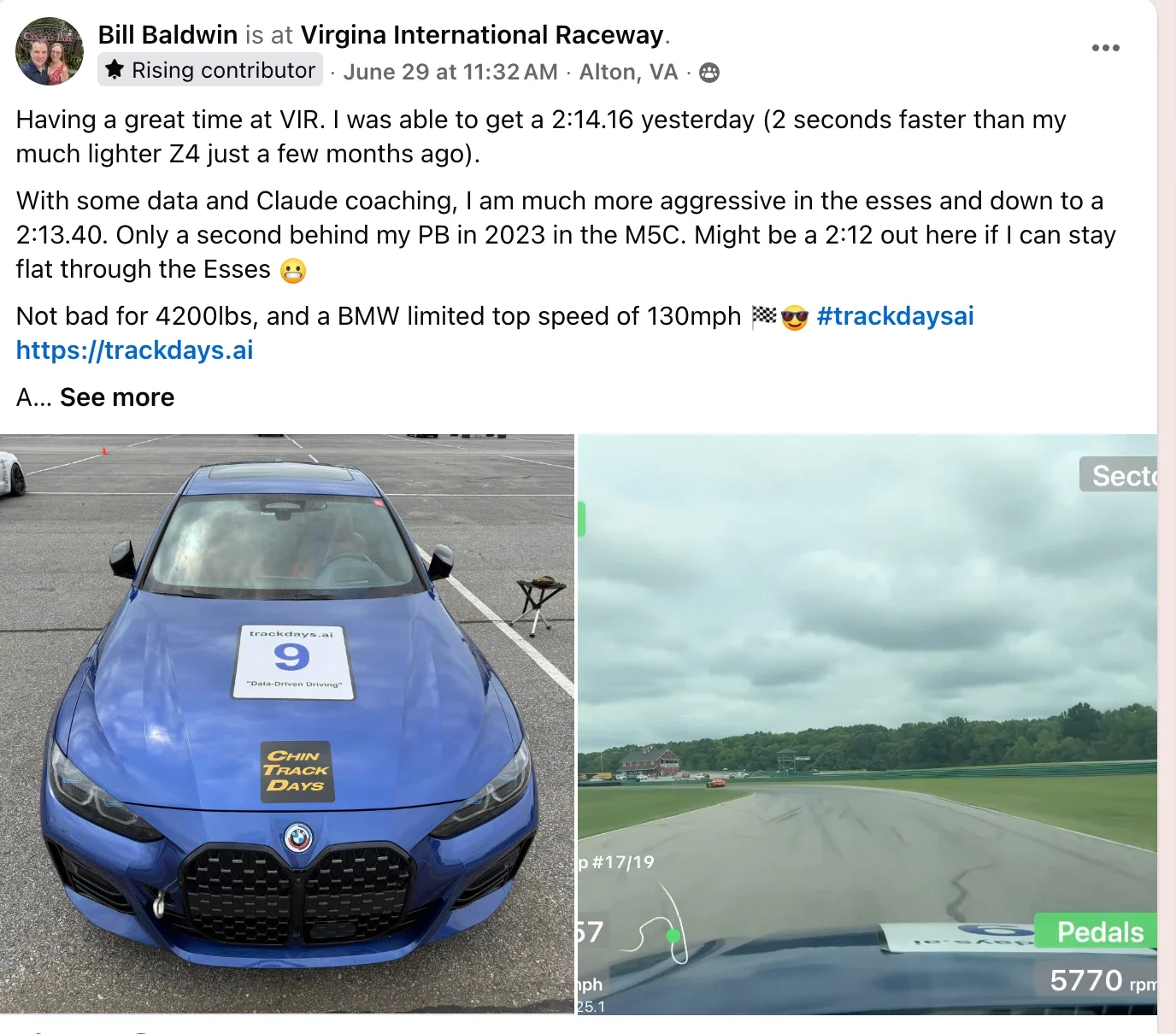 The Facebook post from Monday morning at VIR